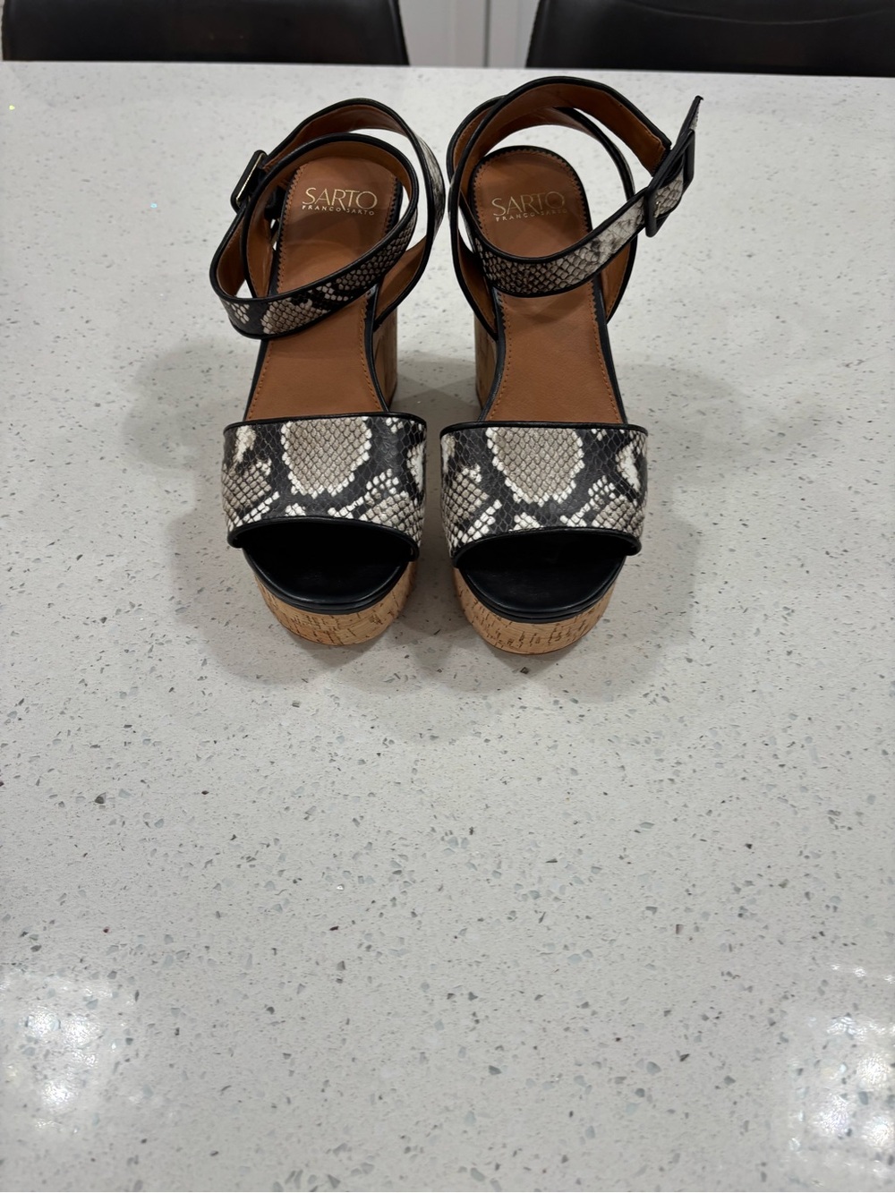 Franco Sarto Black & Cream Snake-Print Cork Wedge Sandals 9m Leather